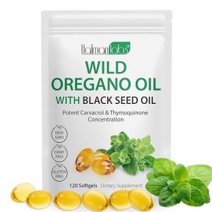 Aceite de orégano Softgels, 6000 mg de aceite de orégano con aceite de semilla negra 200 mg